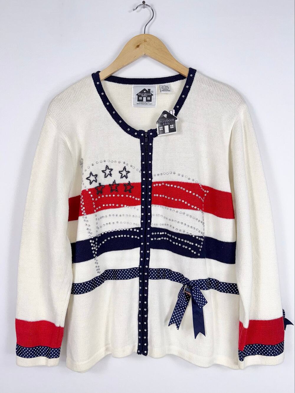 Storybook Knits Rhinestone Patriotic Flag Sweater Cardigan Women's Large White